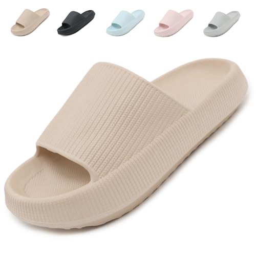 Uniuni Badelatschen Herren Cozislides Original Slippers Damen Wolken Schuhe Cloudyzz Schlappen Leichte Weiche Cozy Slides Eva Hausschuhe Dicke Sohle rutschfeste Dusch Badeschuhe Sommer Khaki 40/41