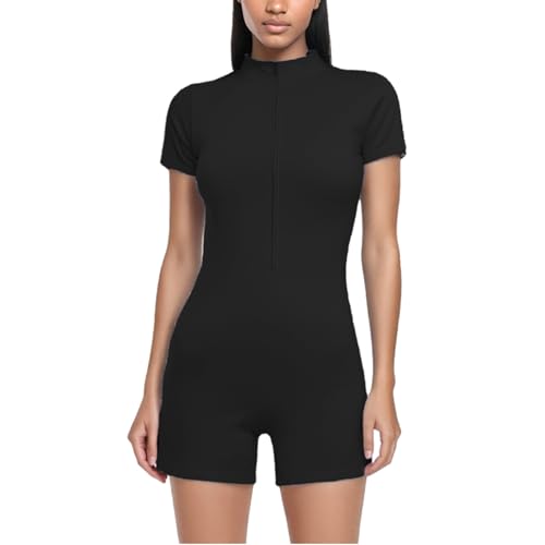 2025 Sommer Reißverschluss Kurzarm Yoga Nude Hochelastisch Schlank Schnelltrocknender Sportoverall Crashtest Dummy Anzug (Black, S)