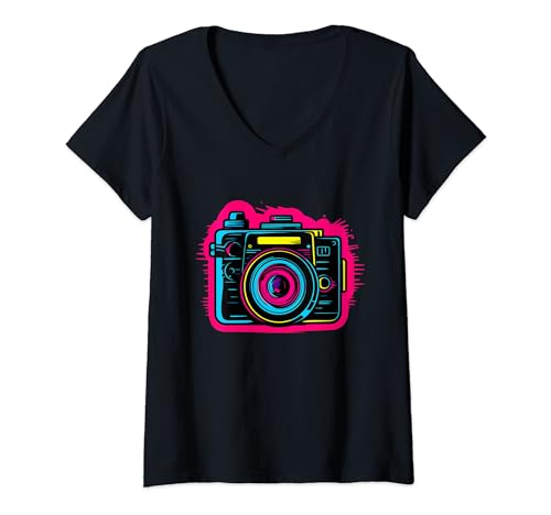 Damen Kamera 90er Jahre Fotokamera Fotoladen T-Shirt mit V-Ausschnitt