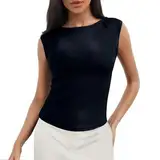 Tops für Damen Ärmellose Tank Top Sexy Rundhalsausschnitt Enges Kurze Oberteile Body Slim Fit Tanktops Basic Cami Sommer Lässige Weste Blusentop, Sport Shirt Oversize Blau M