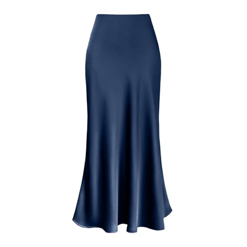 2025 - Eleganter Rock für Damen mit hoher Taille, solides Satinkleid, eleganter Rock mit Reißverschluss Schwarzer Kinder 134/140 (Navy, L)