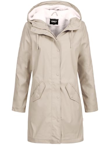 ONLY Damen Regenjacke ONLSally 15206116 wasserabweisender Parka mit Kapuze Oatmeal/White teddy L