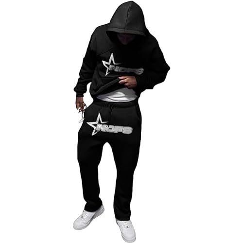 NOFS Streetwear Trainingsanzüge für Herren | Buchstaben Drucklose Hoodies und Jogginghosen Y2K Männer | Hip Hop Hose Streetwear Tracksuit Pullover Lässig Oberteile und Sporthosen (2 Stück Anzug)