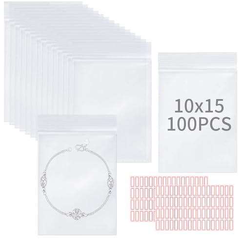 KOMABLEN 100 Stück Zip Beutel Klein, 10x15cm Druckverschlussbeutel Mit Aufklebern, Wiederverschließbare PE Baggies Plastiktüten Verschließbar, Wasserdichter Ziplock Beutel Für Schmuck und Haarschmuck
