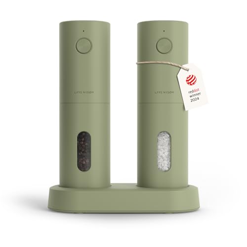 LARS NYSØM Salz und Pfeffer Mühle Elektrisch 2er Set mit einstellbarem Keramik-Mahlwerk von grob bis fein I Design Gewürzmühlenset Automatisch (2 Stück) (Sage Green)