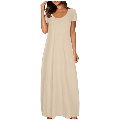 Sommerkleider für Damen, Übergröße, lange Kleider für Damen, elegant, einfarbig, Bohokleider mit Ärmeln, Rollkragen, Freizeitkleider, schwarzes Maxikleid in Übergröße, 52–54, Baggydresses, A-Beige