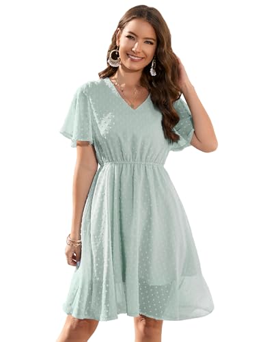 KOJOOIN Sommerkleid Damen Elegant Kleid Knielang Swiss Dot A-Linie Kurzarm V-Ausschnitt Strand Hochzeit Festlich Grün L