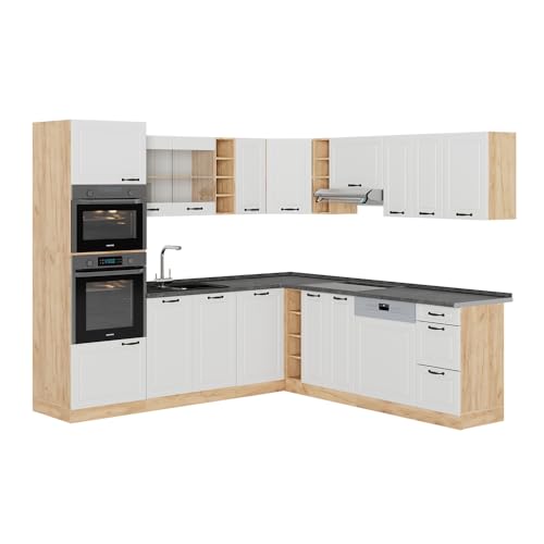 Vicco Eckküche R-Line, Weiß Landhaus/Goldkraft Eiche, 237 x 247 cm, AP Anthrazit
