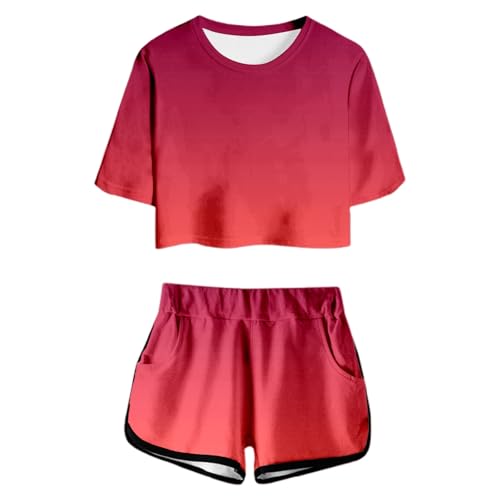 Sportbekleidung Kinder Mädchen 158 Set 2 Teiler Sportanzug Farbverlauf Kurze Hose Und T-Shirt Rot Sport Mode Sommer Outfit Freizeit Trainingsanzug Jogging Kleidung Lässige 2 Piece Set