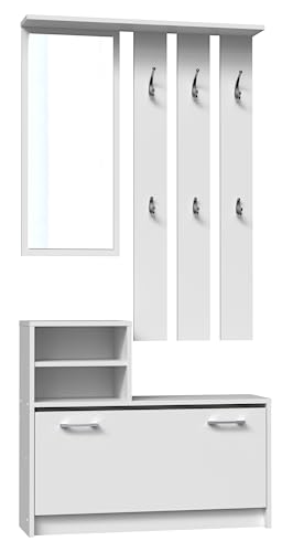 CDF Garderobe | Farbe: Weiß | Großer Spiegel | Kleiderbügel | Geräumiger Schuhschrank | Ideal für Diele, Flur | Praktische Ablagen | Modernes Design