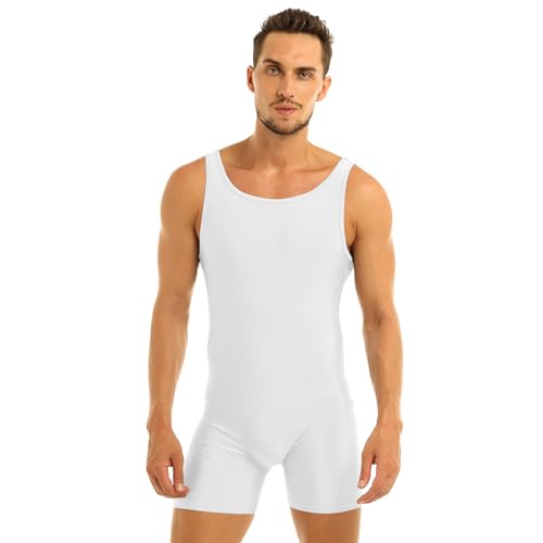 dPois Herren Ärmellos Body Overall Jumpsuit Elastisch Unterhemd Sport Body Leotard Männer Bodysuit Boxershorts Unterwäsche Gymnastikanzug Sportwear M-XL Weiß M