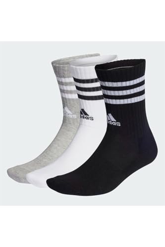 adidas Unisex 3-Stripes Cushioned Crew Socks 3 Pairs, Medium Grey Heather/White/Black/White, 40-42