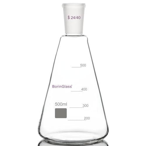 BorinGlass 24/40 Glas-Erlenmeyerkolben, Borosilikatglas-Graduierter Labor-Kolben mit 24/40 Standard-Konusaußengelenk, 500 ml