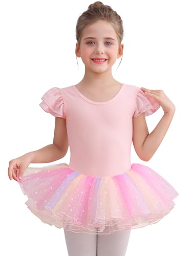 Comfyouth Ballettkleidung Mädchen Pailletten Ballett Tütü Kinder Kurzarm Ballettkleid Baumwolle Balletttrikot Tanzkleid mit Buntes Tutu Rock