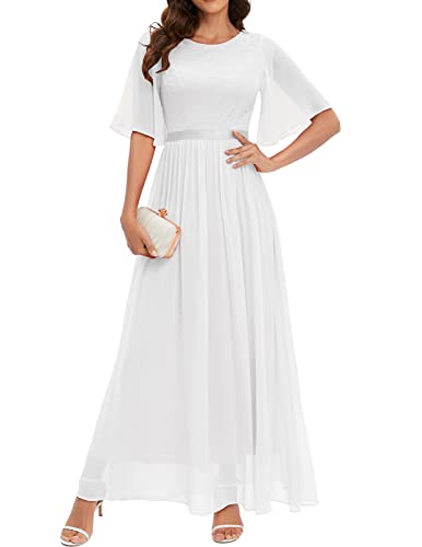 Bbonlinedress Abendkleider elegant für Hochzeit Spitzen Chiffon Ärmel Kleid festliches Brautjunferkleid Maxi Bridesmaid Dress Partykleid Abschlusskleid lang Ballkleid White M