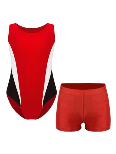 HULIJA Jungen Gymnastikanzug Ärmellos Sportbody mit Shorts Turnanzug Jogginganzug Trainng Gymnastik Wettbewerb Bekleidungsset Rot 122-128