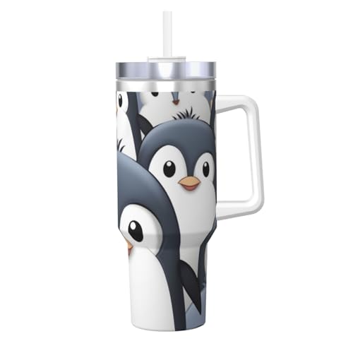 STVYUKL Süßer Pinguin-Becher mit Griff und Strohhalm, vakuumisoliert, Edelstahl, doppelwandige Wasserflasche, stilvolle Reise-Kaffeetasse, Becherhalter, freundliche Basis für Damen und Herren