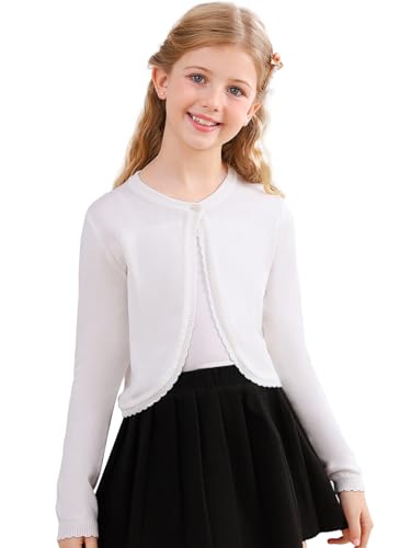 Soudittur Strickjacke Mädchen Top Bolero Jäckchen Langarm Kinder Cardigan Knitted Kurz zum Kommunionkleid Taufkleid Partykleid (Weiß, Alter 7-8,130)