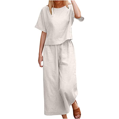 angebote des tages heute deal Zweiteiler Damen Sommer Leinen Outfits Baumwolle Leicht Hosenanzug Casual Einfarbig Sportanzug 2 Teiler Bluse Tshirt Hosen Freizeitanzug Elegant Jogginganzug Tracksuit