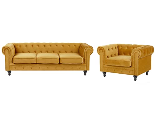 Klassisches Set Sofa Sessel Samtstoff Chesterfield Stil senfgelb Chesterfield