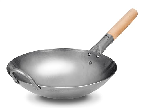 Craft Wok Traditioneller handgehämmerter Karbonstahl Pow Wok mit Holz- und Stahl-Helfergriff (30,5 cm, runder Boden) / 731W88-12in