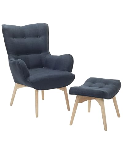 Ohrensessel mit Hocker Stoffbezug dunkles Blau Holzbeine Chesterfield Stil Vejle