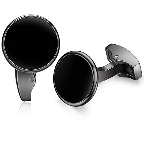 HONEY BEAR Herren Weiß Perle Schale Stein/Schwarz Achat Onyx Manschettenknöpfe Cufflinks Edelstahl Manschettenknopf für Hemd, Hochzeit Geschäft Geschenk (Schwarz)