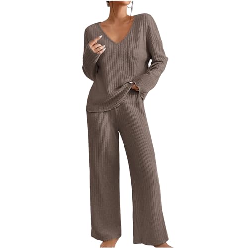 Black Friday Angebote 2024 Hausanzug Damen Elegant Gestrickte Loungewear Einfarbig Strickanzug Langarm Schlafanzüge Zweiteiler V-Ausschnitt Homewear Locker Freizeitanzug Outfit Weites Bein