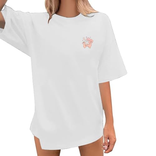 Top Damen Kurzarm Sommer Locker Lässiges modisches, übergroßes T-Shirt mit Wildblumen-Buchstabendruck Rundhalsausschnitt für Damen T-Shirt Damen mit Aufdru (White, M)