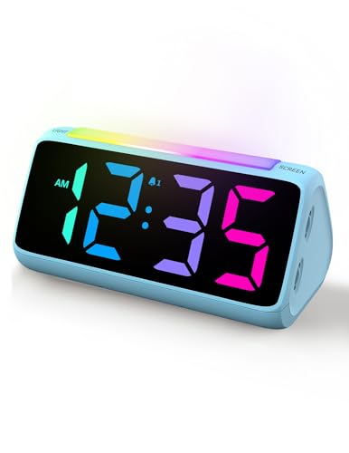 Netzu Wecker Digital, Digitaler Wecker Kinder mit Licht, Bunter LED Anzeige, 0-100% Helligkeitsdimmer, 2 Alarme, Snooze, 3 Wecklautstärke, USB Ladeanschluss, Kinderwecker für Schlafzimmer (Blau)