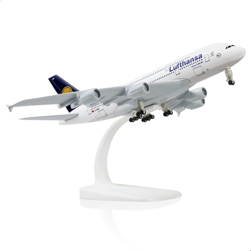 QIYUMOKE Airbus A380 1/300 Lufthansa-Flugzeugmodell aus Metalldruckguss mit Ständer Sky Jumbo Airliner Legierungsmodellbausatz als Geschenk für Luftfahrtbegeisterte