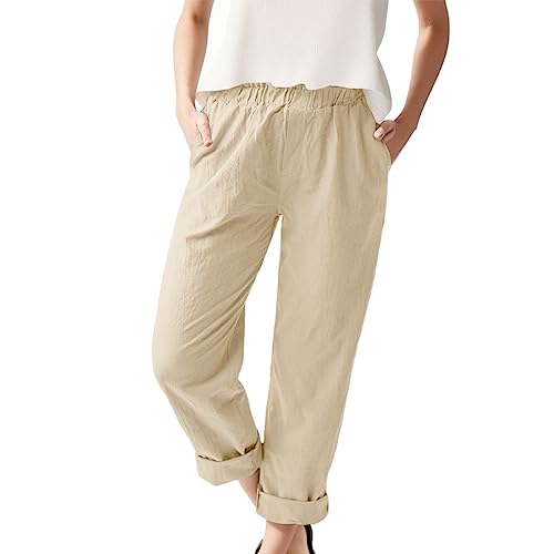 Damen Elegant Business Set Hosen Damen-Hose, täglich, lässig, einfarbig, Seitentasche, elastische Taille, Lange Hose Damen Hosen (Khaki, L)