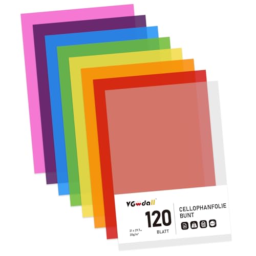 VGOODALL 120 Stück 8 Farben Cellophanfolie Bunt, fensterfolie Bunt Quadratisch Farbige Transparent Folien für Süßigkeiten DIY Arts Crafts Alben Dekoration 21x29,7cm