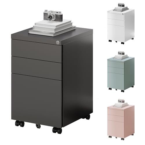 FLEXISPOT Rollcontainer mit 3 Schubladen, mobiler Aktenschrank mit Rollen, Schubladenschrank Büroschrank Schreibtisch Unterschrank mit Schlüsselschloss und Anti Kipp für Büro Zuhause, Schwarz