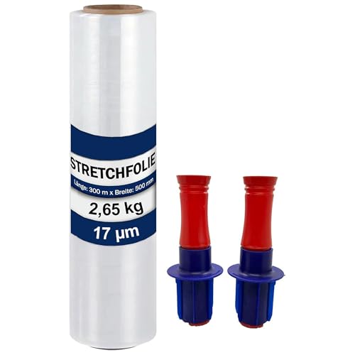 Stretch Wrap Film-1 Pack, 50 cm / 2.65kg, 17 μm, 300m, Stretch Industrial Strength for Pallet Wrap, Moving, Shipping, Packaging, Furniture Wrapping Moving & Protection,2 Roll with Handles (1 Stück)