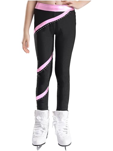 inhzoy Mädchen Eiskunstlauf Leggings Glitzer Mit metallischen Streifen Kinder Sportleggins Stretch Gymnastik Turnhose Tanz Strumpfhose Rosa 146-152