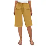 Hose Damen Kurz, solide, geknöpfte Doppeltaschen-Schnürhose, lockere Freizeithose Work to Trousers Hose Kurz für SchlafenFreizeitaktivitäten (Yellow, L)