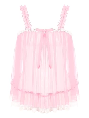 FEESHOW Herren Sissy Dessous Babydoll Mesh Spitze Minikleid Männer Durchsichtige Unterwäsche Schlafanzug Nachtwäsche Crossdresser Kleidung Rosa_B XXL