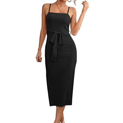 Damen Sexy Camisole Sommerkleid Einfarbig ÄRmellos RüCkenfreies Freizeitkleid Sexy Party Hip-Wrap Slip Dress Mit Schlitz (S,Schwarz)