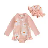 Lerrita Baby Mädchen Badeanzug Rashguard Blumen/Erdbeeren Muster Jumpsuit Sonnenanzug Langarm UPF 50+ Rüschen Einteiliger Bademode 2 Teiliger Badeanzüge Schwimmanzug+Sonnenhut Hawaii Rüschen Bademode