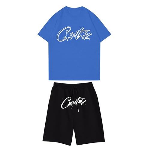 Generisch Cortez Sommer Outfit Herren Jogginganzug Trainingsanzug Sportanzug Männer Baumwolle Activewear 2 Teiler Y2K Hip Hop Streetwear Tracksuit Kurze Hosen T-Shirts Sets