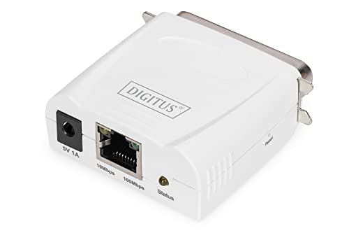 DIGITUS Fast Ethernet Printserver mit Parallel-Port, 1x RJ45, 1x DB-36-pin male, Drucker Server, DHCP fähig, TCP/IP, Einfache Installation, inkl. Netzteil, Weiß