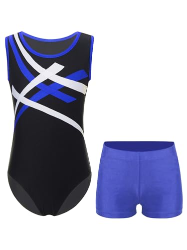 MSemis Gymnastik Trikot für Jungen Kinder Turnanzug Gymnastikanzug Ärmellos Gymnastik Trikot Ballettbody mit Tanz shorts Tanzbekleidung Blau 134-140