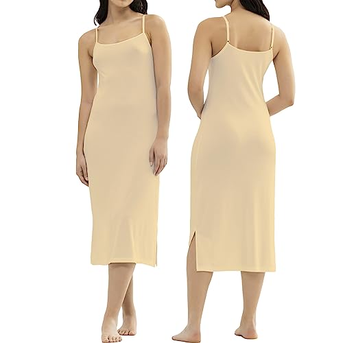 BestSale247 Damen Sexy Unterkleid mit einstellbareTrägern Unterröcke Nachthemd Nachtwäsche (Beige Lang, L/XL)