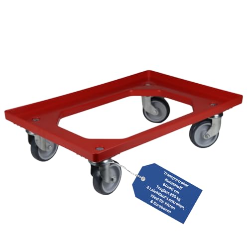 BADfabrik24 Transportroller Kunststoff 60x40 cm – 4 Leichtlauf-Lenkrollen, ideal für Kisten & Euroboxen, Traglast 250 kg, Transporthilfe (Rot, 1 Stück)