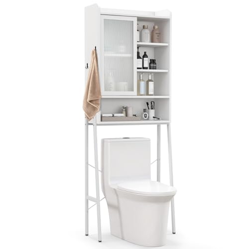 COSTWAY Toilettenschrank freistehend, Badezimmerregal mit verstellbaren Regalen, Waschmaschinenregal Toilettenregal, WC-Schrank Überschrank 63 x 29 x 170 cm (Weiß)