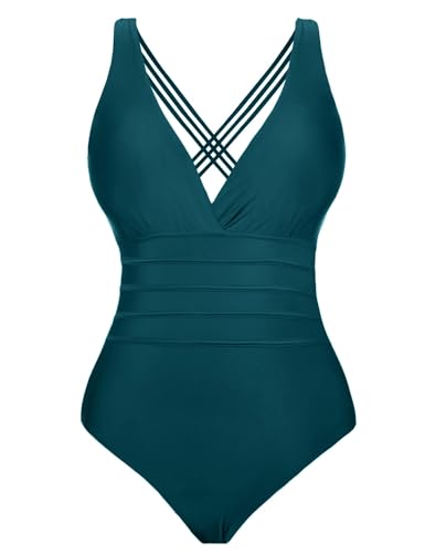 Aottori Damen Einteiler Badeanzug Bauchweg Einteilige Bademode Schwimmanzug Monokini Schlankheits Figurformend Strandmode V-Ausschnitt Blau Grün L