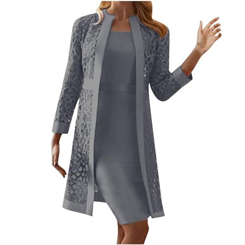 Lemoiitea Damenkleid, Anzüge, modisch, einfarbig, kurzes Kleid, Set, lässig, Spitze, Aushöhlung, langärmelig, Cardigans, Mantel + ärmelloses Kleid, zweiteiliges Outfit, Party, Cocktailkleid, Set,