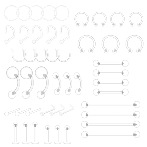 HANIUTTY 48 Stück Klare Piercing Retainer aus Kunststoff, Klar Piercing Retainers Flexible Cartilage Helix, Plastik Piercing Platzhalter Schmuck für OP