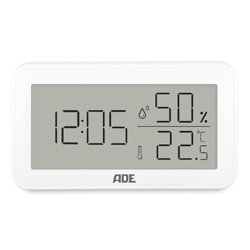 ADE Digitales Hygrometer & Thermometer | Feuchtigkeitsmessgerät innen mit Uhrzeit | digitale Uhr mit Temperatur und Luftfeuchtigkeit | für Büro, Kinderzimmer, Schlafzimmer, Bad | Querformat | weiß